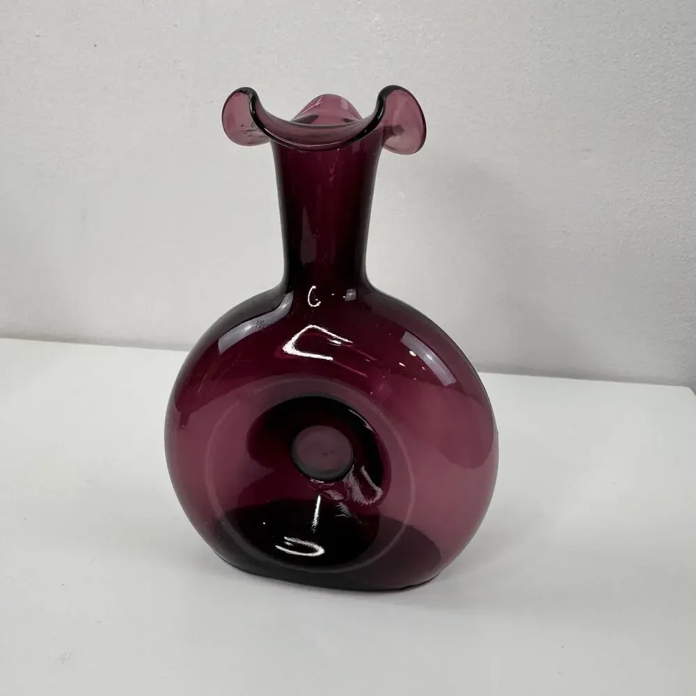 Set 2 Vintage BLENKO Pinched Donut Purple Amethyst Tulip Vase Glass Teardrop MCM